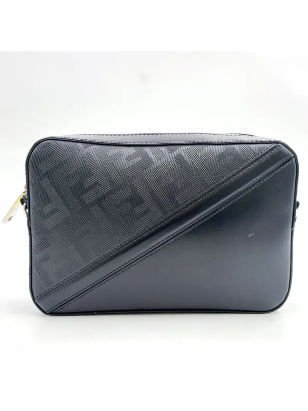 Fendi Diagonal Camera Case Shoulder Calfskin Black Clutch Silver